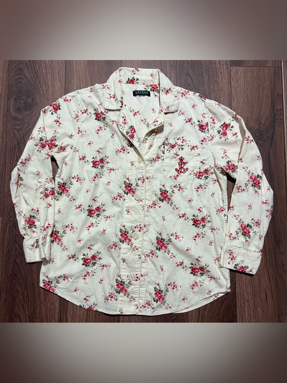 Lauren Ralph Lauren Cream Button-Down PJ Shirt with Red Rose Print